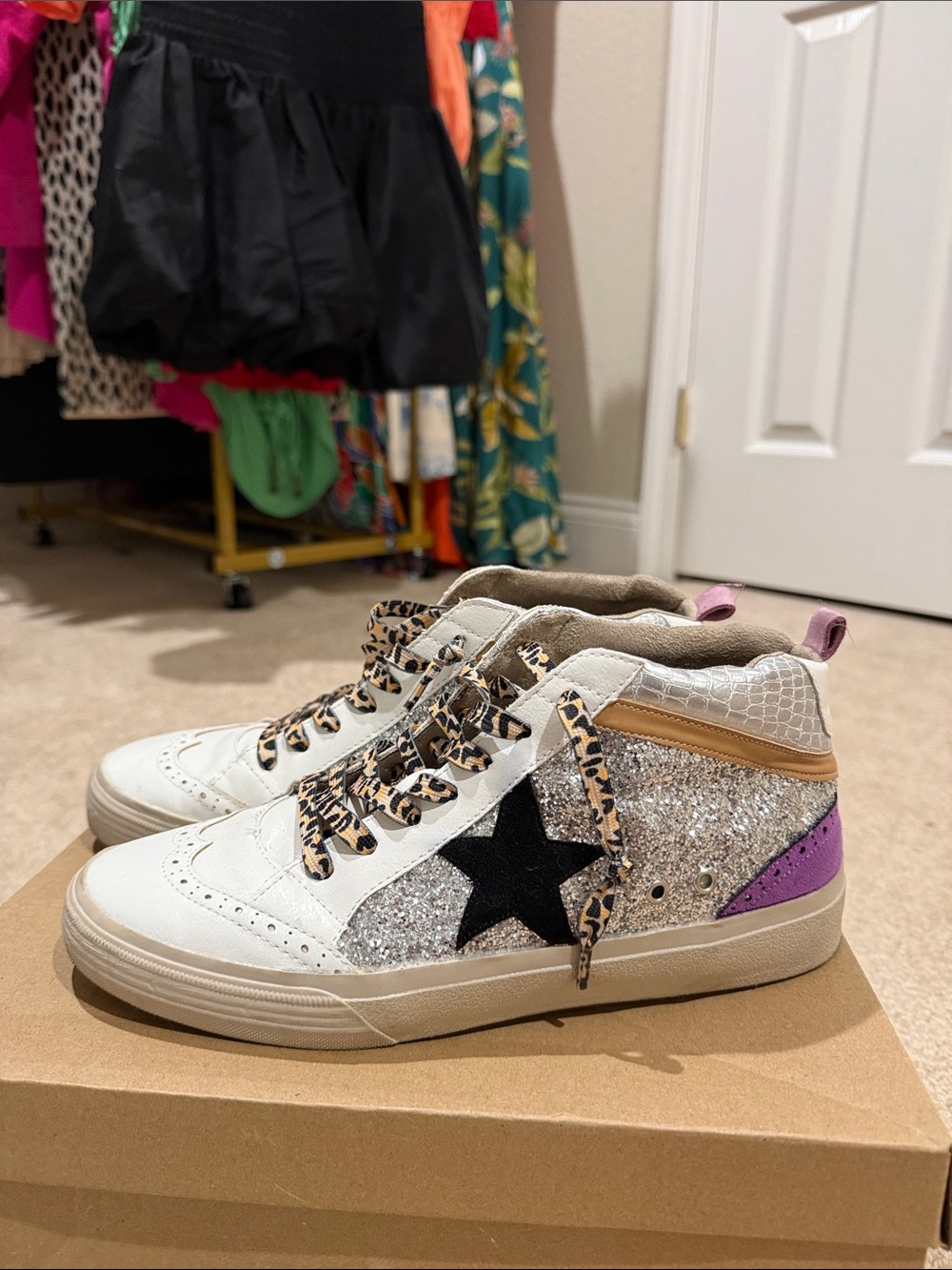 VICI Glitter Rina Star High-Top Sneakers with Leopard Laces
